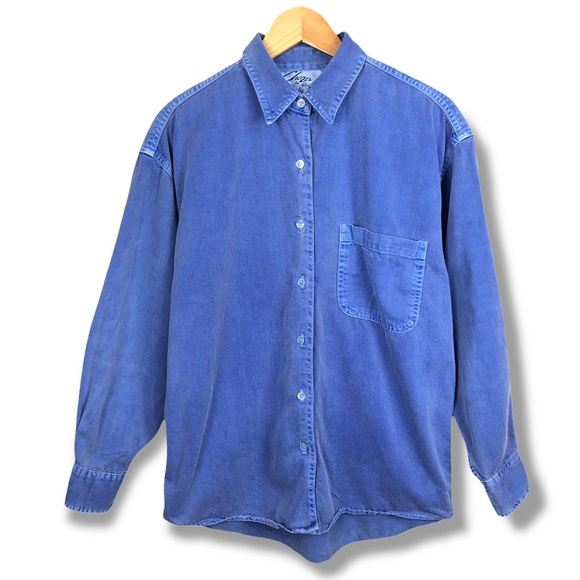 Vintage Bright Oversized Blue Button Down Denim Pocket Long Sleeve Shacket Shirt - Picture 7 of 7
